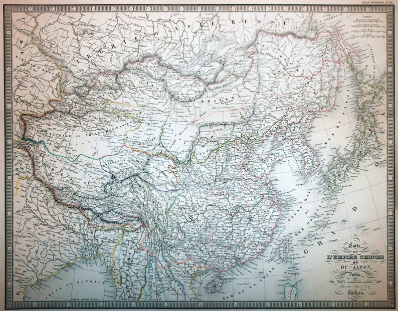 Carte de l’Empire de Chine et du Japon de 1850 par J. Andriveau-Goujon, ce dernier est l’auteur de la carte que les deux missionnaires avaient avec eux, comme ils sont partis quelques années plus tôt, ceci doit être un carte à peu près contemporaine des voyageurs
