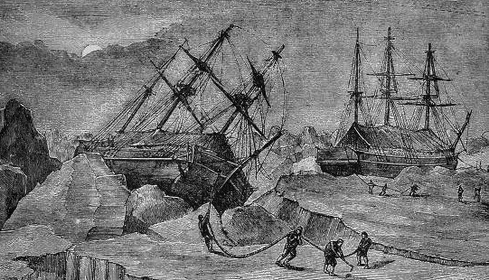 Les navires Erebus et Terror pris dans la glace