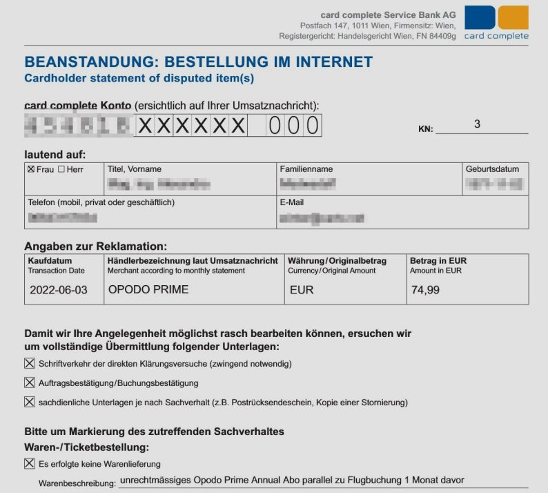 Formulaire de réclamation Visa